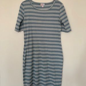 Blue and white striped body-con dress